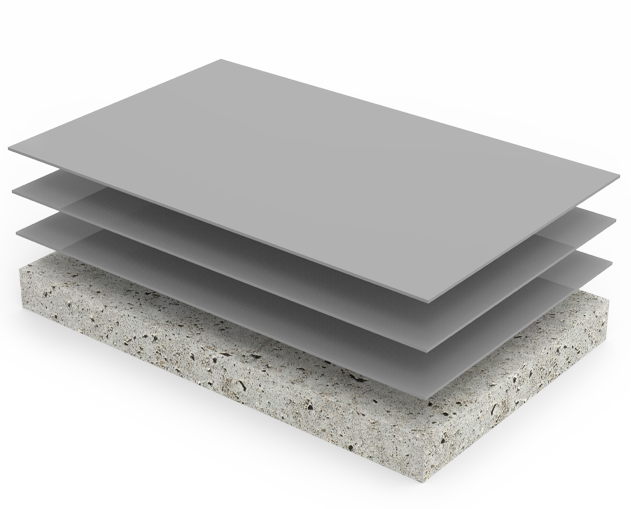 Muestra 3D de un sistema de tres capas para un pavimento pintado con resina epoxi.